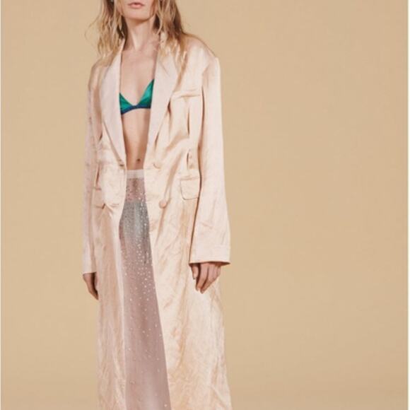 Zara Long Cream Coat Linen Blend Coat with Topstitching, - Picture 7 of 8